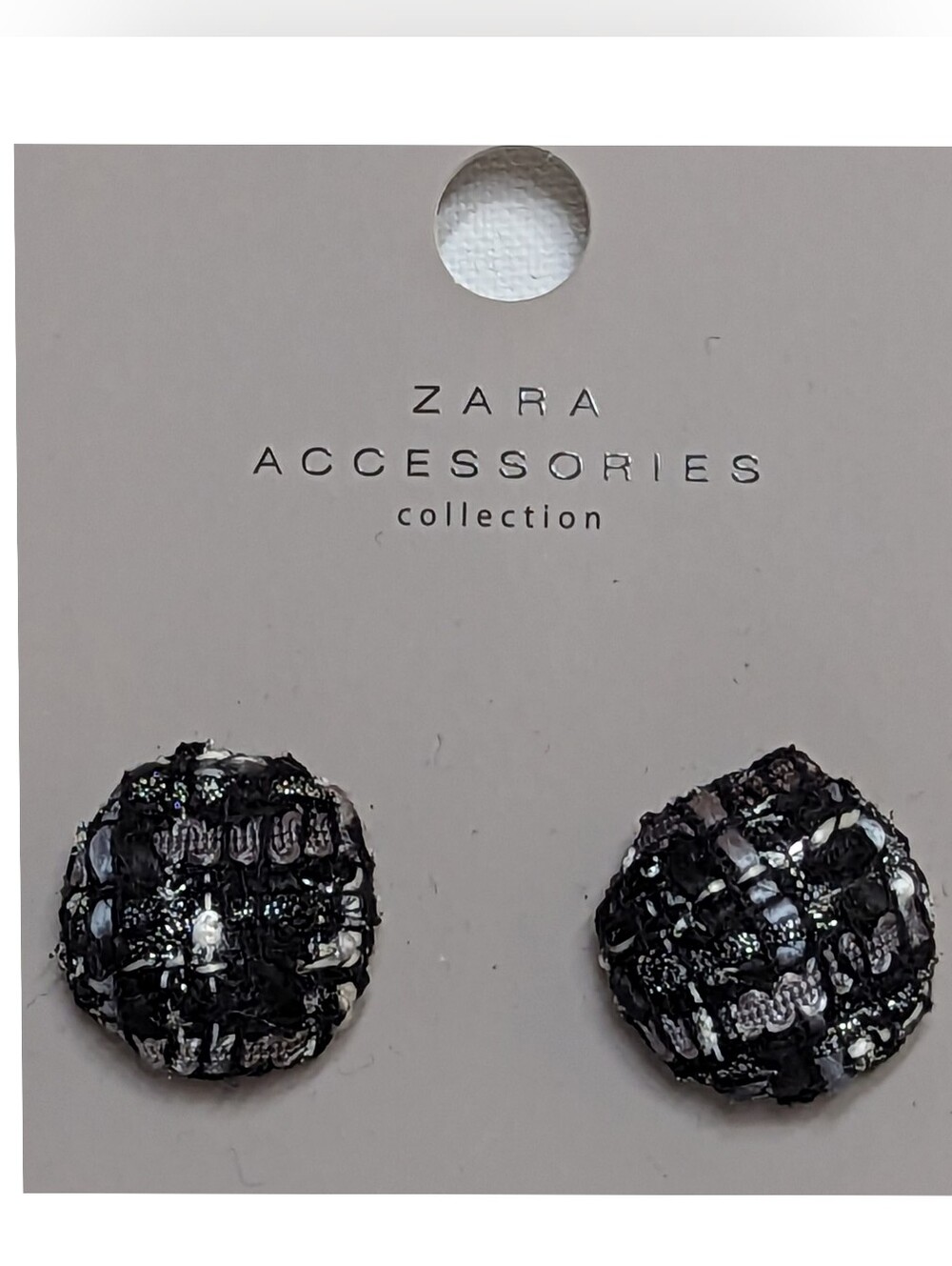 ZARA Boucle Tweed Button Earrings Black White Fabric Checked Studs Vintage Style